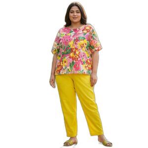 NWOT Charter Club Luxury 100% linen 2-piece set floral top yellow pants sz XL